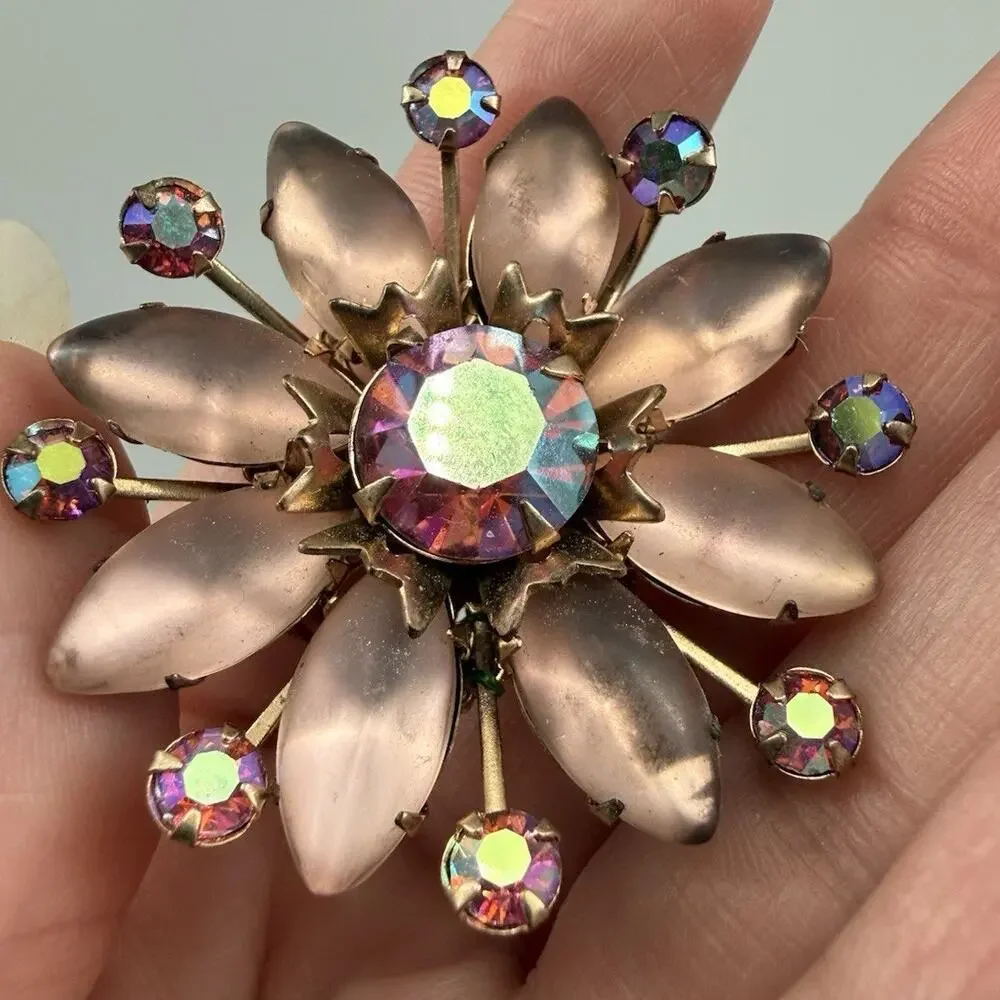 Vintage Pink Satin Glass Flower Brooch AB Rhinestones Petals Gold Tone Floral